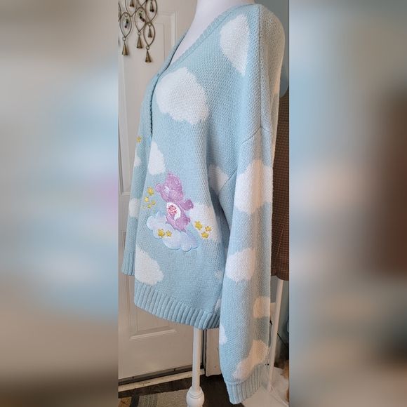 Care Bears by Hot Topic Cozy Grandpa Cardigan Womens L Sky Blue Clouds Whimsical - Picture 2 of 14